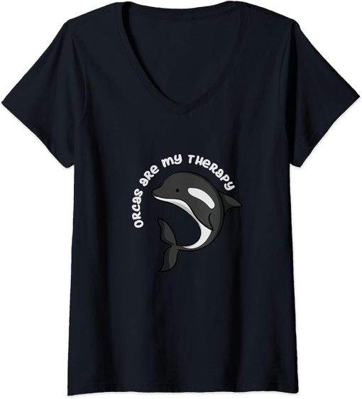 Womens Orcas as Therapy Funny Sea Animal Whale V-Neck T-Shirt